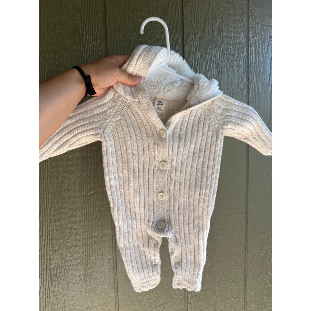baby B'gosh Baby Romper 0-3M Light Beige Hooded‎ Ribbed Knit Sherpa Lined